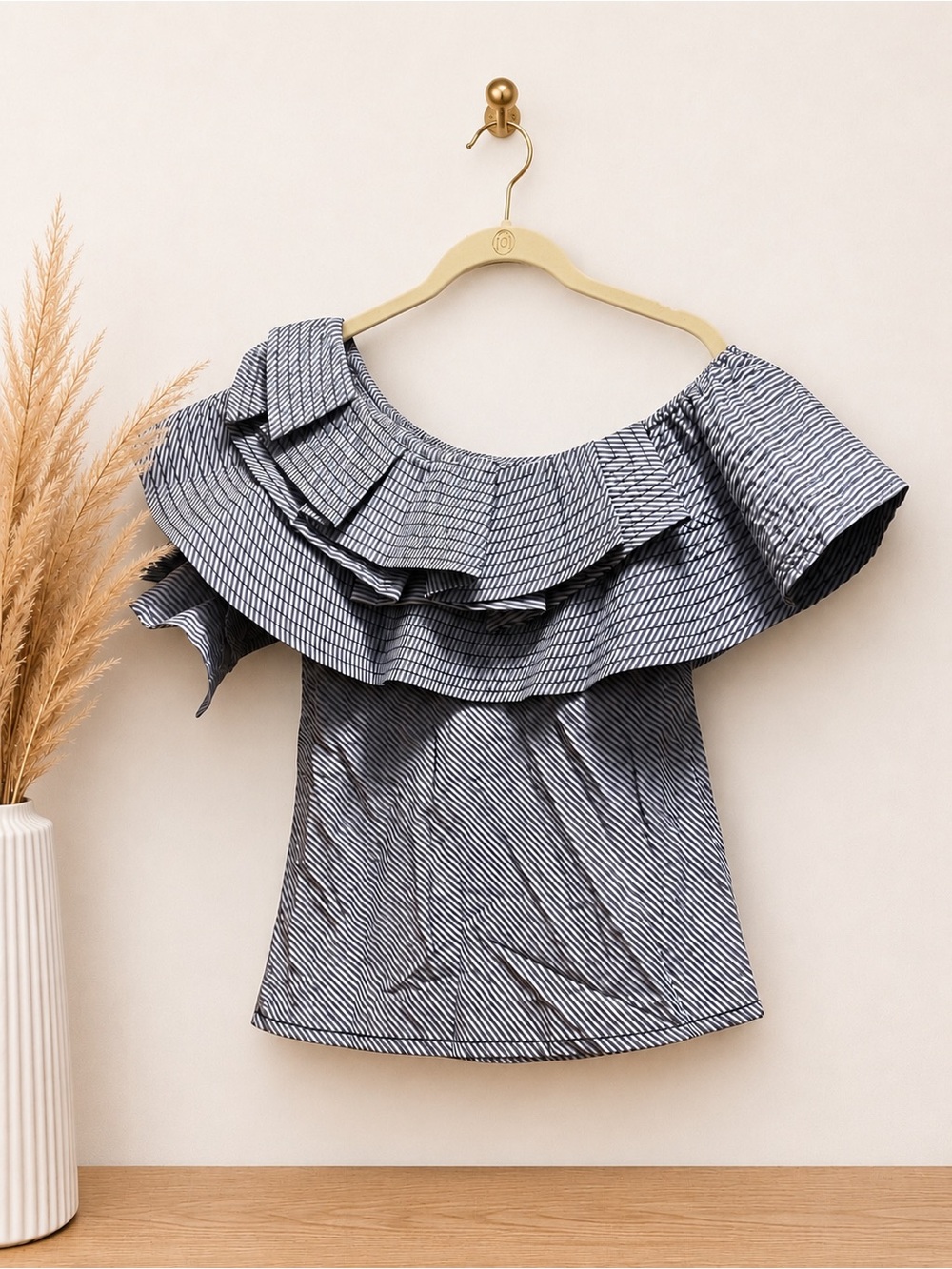 Gracia Black and White Striped Off-Shoulder Ruffle Blouse